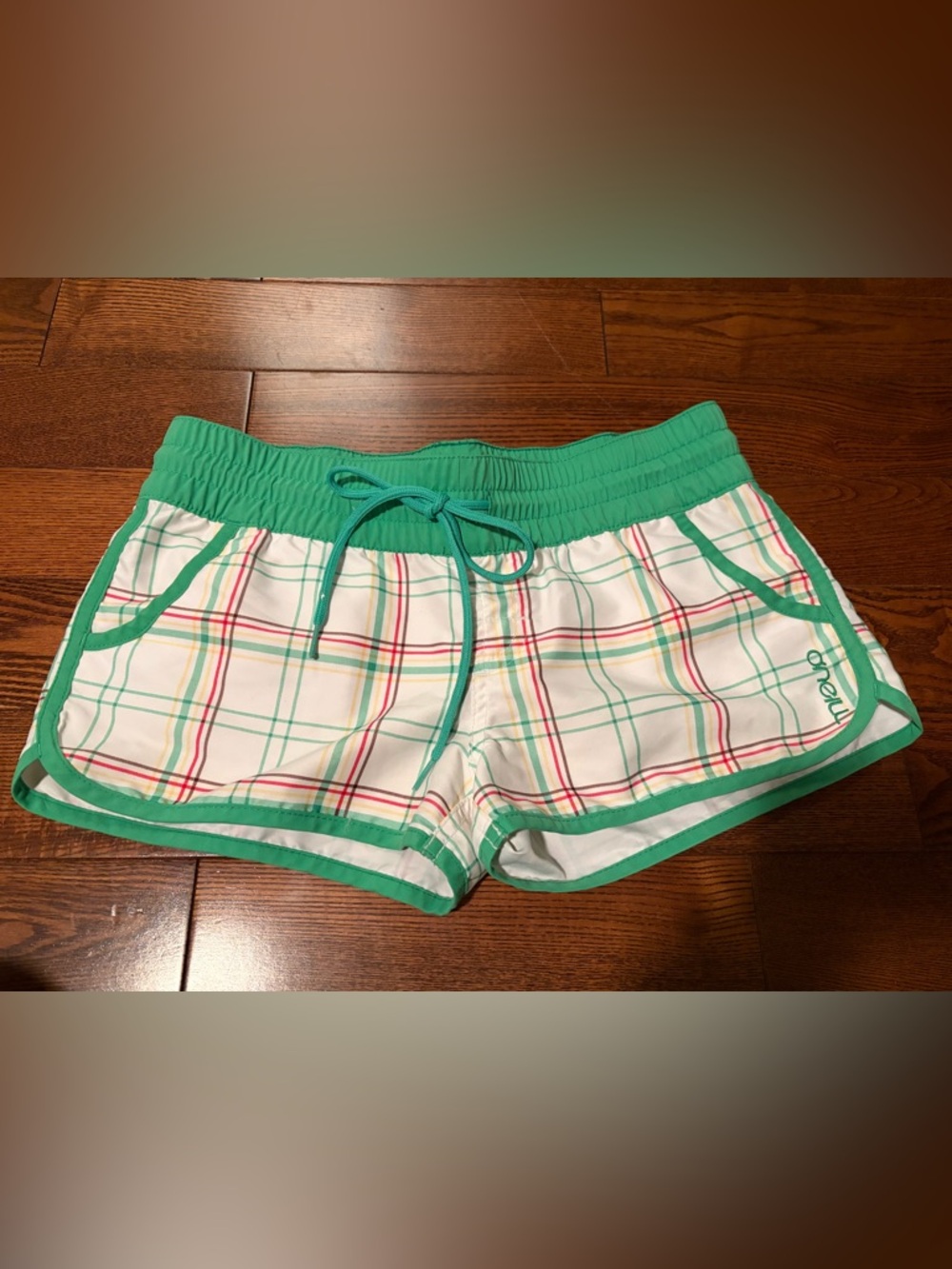 O'Neill White Plaid Athletic Shorts with Green Trim